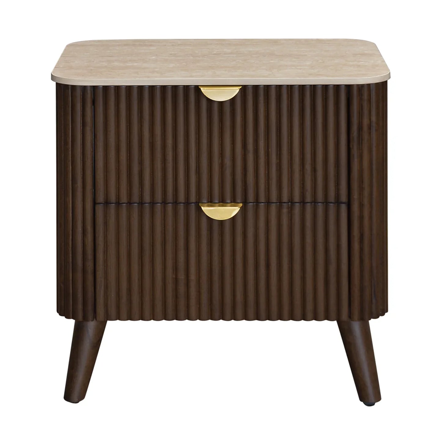 A mid-century modern two-drawer nightstand with a fluted dark brown wood cabinet, a light beige stone top, and gold-finished drawer pulls, shown on a plain white background.