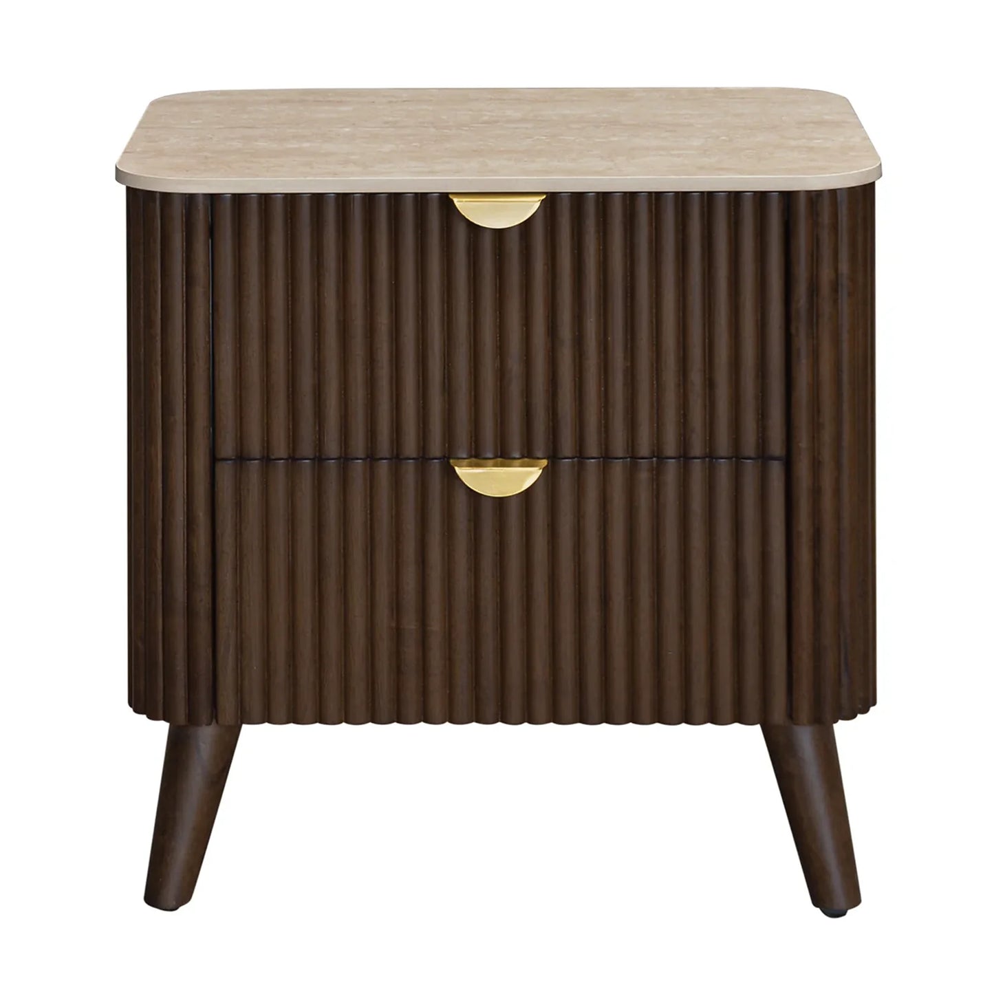 A mid-century modern two-drawer nightstand with a fluted dark brown wood cabinet, a light beige stone top, and gold-finished drawer pulls, shown on a plain white background.