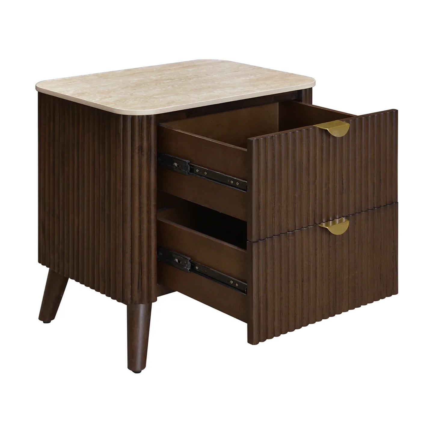 Wooden nightstand with open drawer on a white background