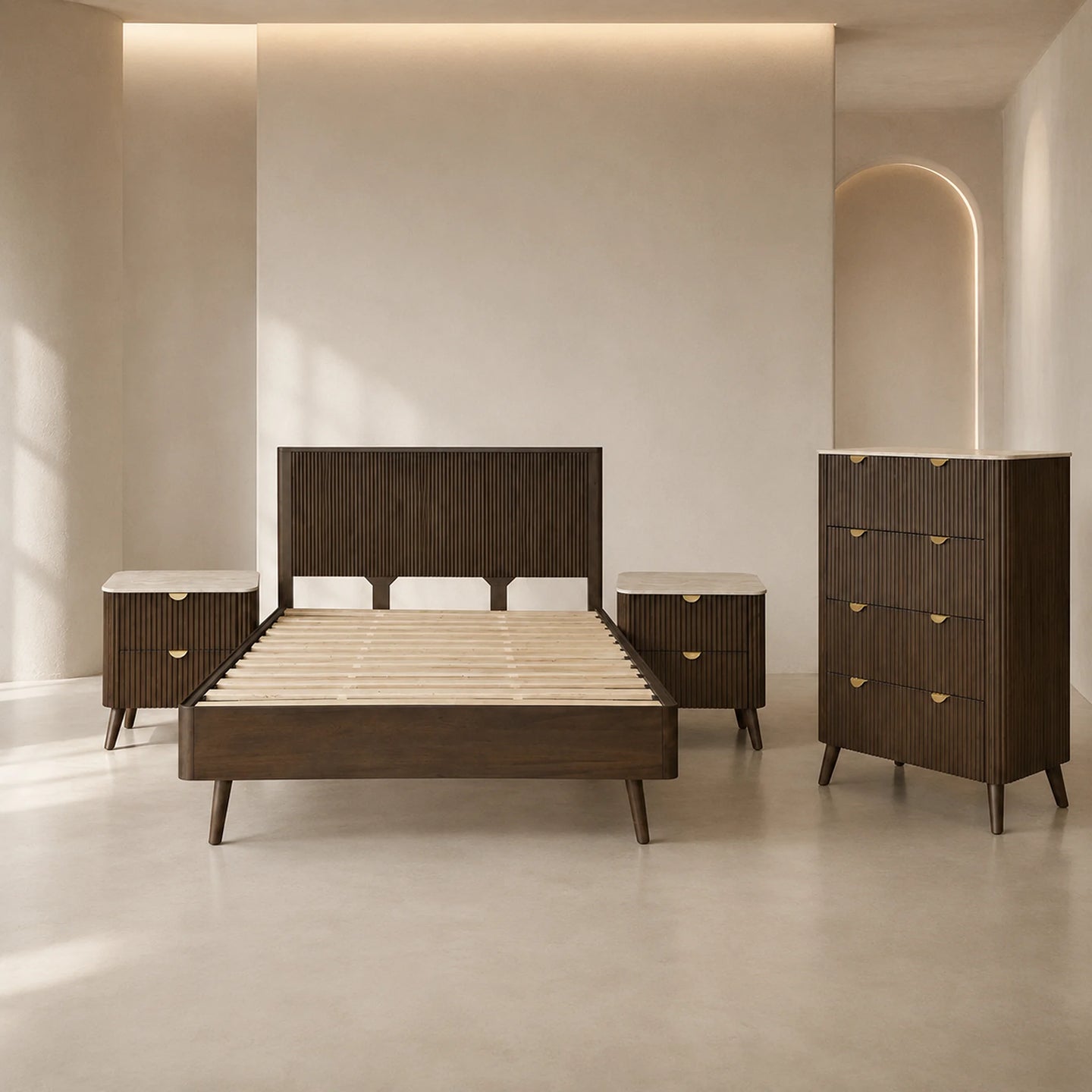 A mid-century modern bedroom furniture set in a warm beige room, featuring a dark brown ribbed wood bed frame, two matching nightstands, and a tall chest of drawers with brass handles.