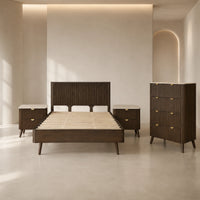 A mid-century modern bedroom furniture set in a warm beige room, featuring a dark brown ribbed wood bed frame, two matching nightstands, and a tall chest of drawers with brass handles.