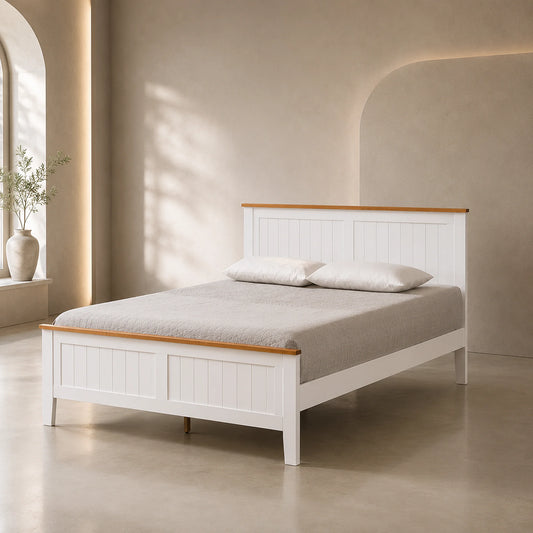 Courtney White & Mid-Brown Panelled Bed Frame - DOUBLE