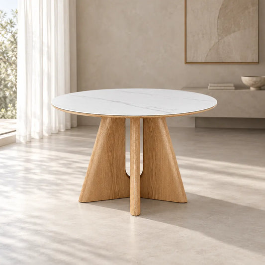 Cypress 120cm round white ceramic dining table with natural timber veneer cross-leg pedestal – front view