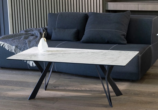 Cyprus 120cm marble-look ceramic coffee table with black geometric metal legs – front view