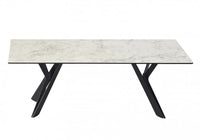 Cyprus 120cm marble-look ceramic coffee table with black geometric metal legs – front view
