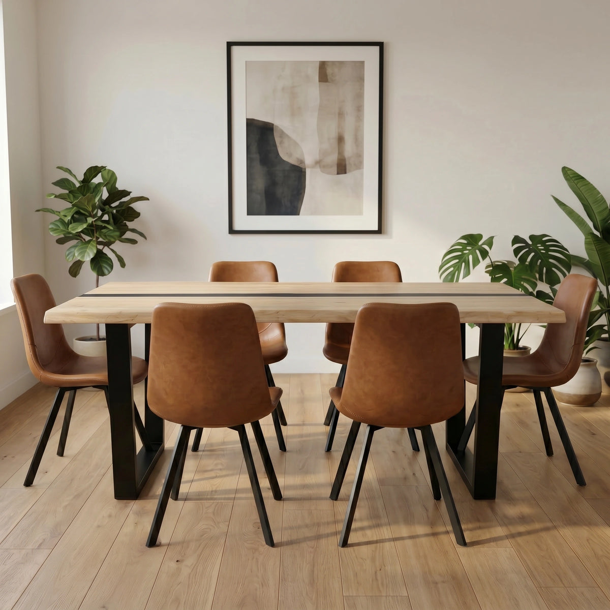 Dorian 7 Piece Solid Timber Dining Suite with Brown Eco Leather Chairs