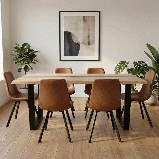 Dorian 7 Piece Solid Timber Dining Suite with Brown Eco Leather Chairs