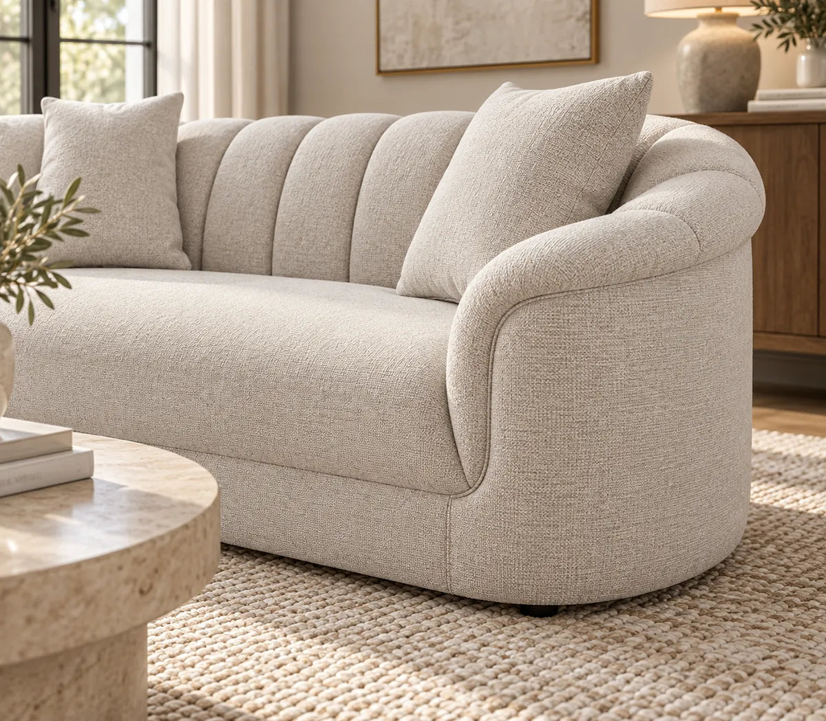 Eastwood beige 3 seater sofa with curved arms, vertical channelled backrest and three scatter cushions, arm rest view
