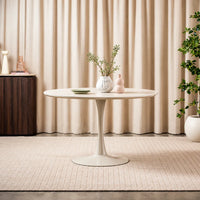 Elan 1.2m Matte Tofu round dining table with matte tempered glass top and powder-coated metal pedestal base, front view