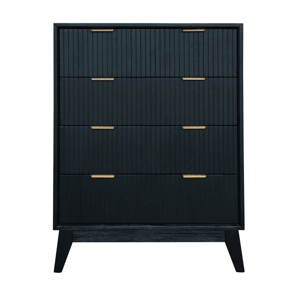 A modern three-drawer chest of drawers in black with a vertical ribbed texture and slim gold pull handles, shown against a plain white background.
