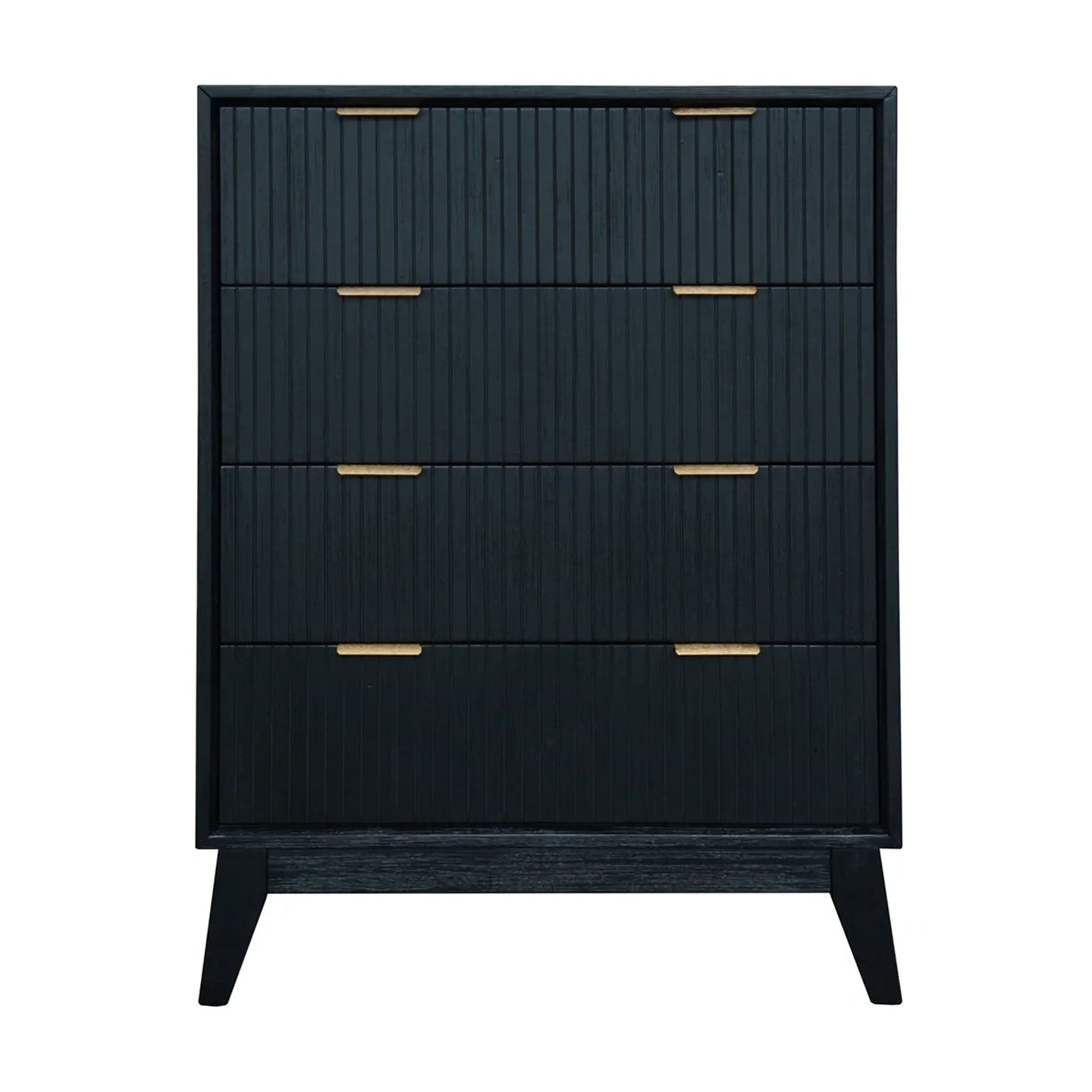 A modern three-drawer chest of drawers in black with a vertical ribbed texture and slim gold pull handles, shown against a plain white background.