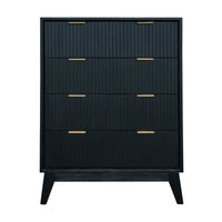 A modern three-drawer chest of drawers in black with a vertical ribbed texture and slim gold pull handles, shown against a plain white background.