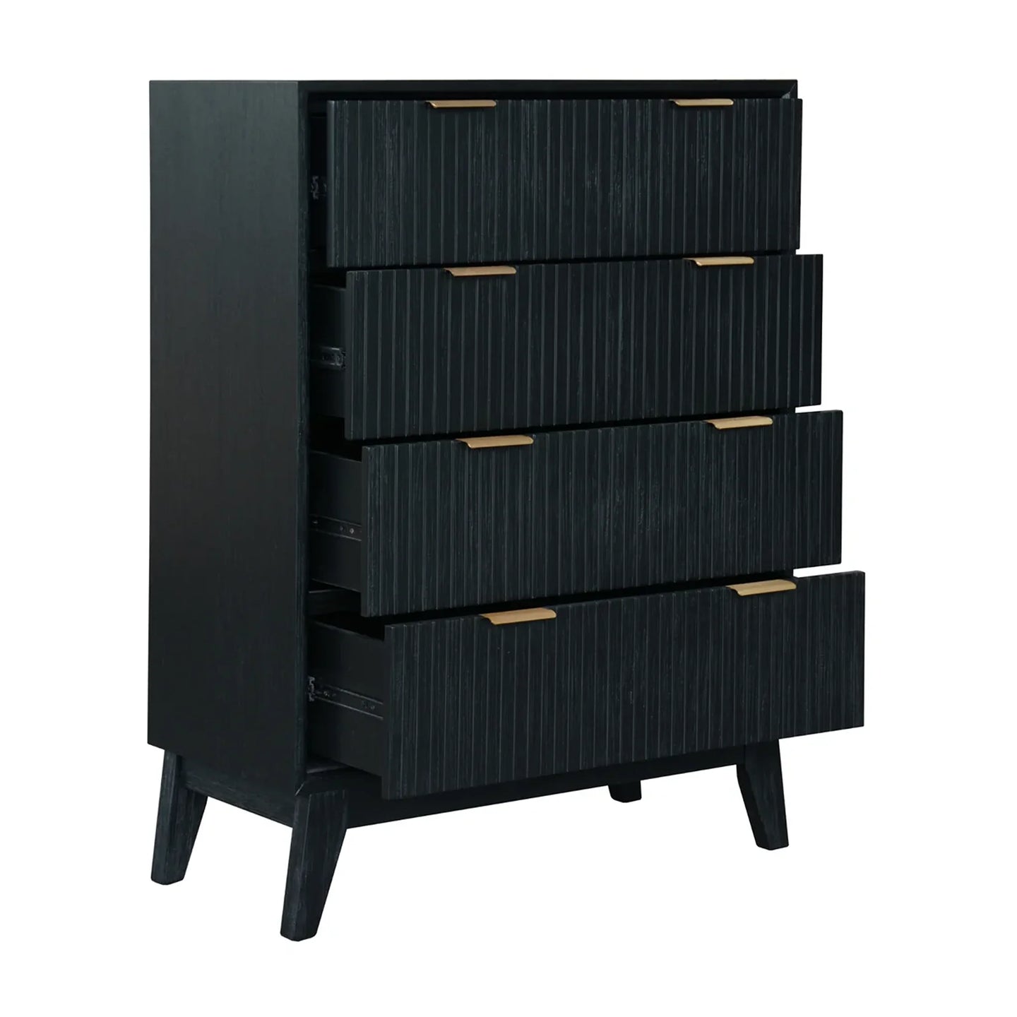 Black dresser with four drawers on a white background