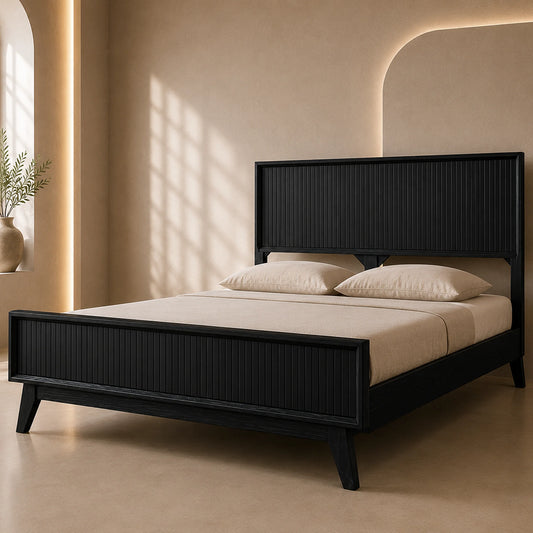 Ella Brushed Black Acacia Timber Bed Frame - QUEEN