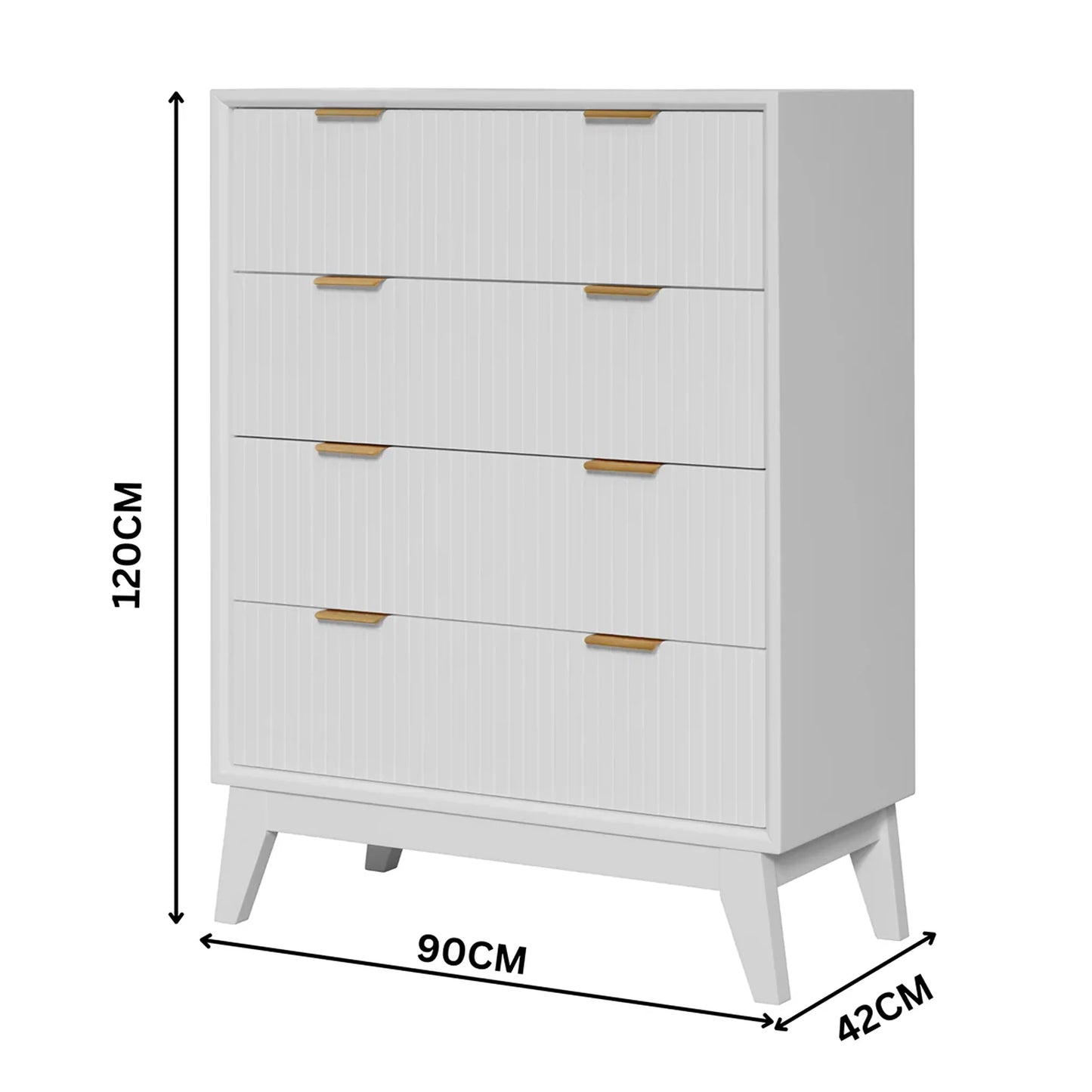 A white four-drawer chest of drawers with gold handles, shown with dimension lines indicating a height of 120cm, width of 90cm, and depth of 42cm on a white background.