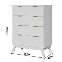 A white four-drawer chest of drawers with gold handles, shown with dimension lines indicating a height of 120cm, width of 90cm, and depth of 42cm on a white background.