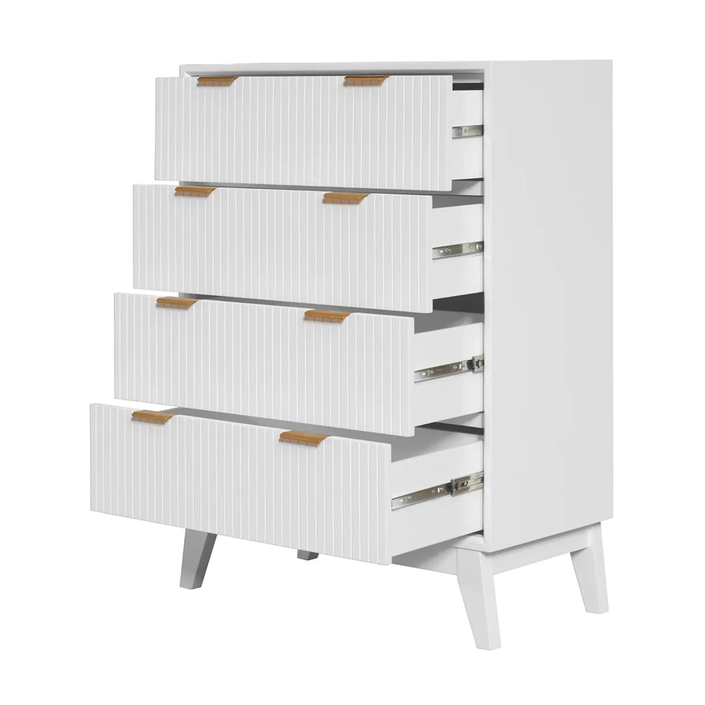 A modern white 5-drawer chest of drawers with a ribbed drawer front, angled legs, and small light wood pull tabs, shown on a plain white background.