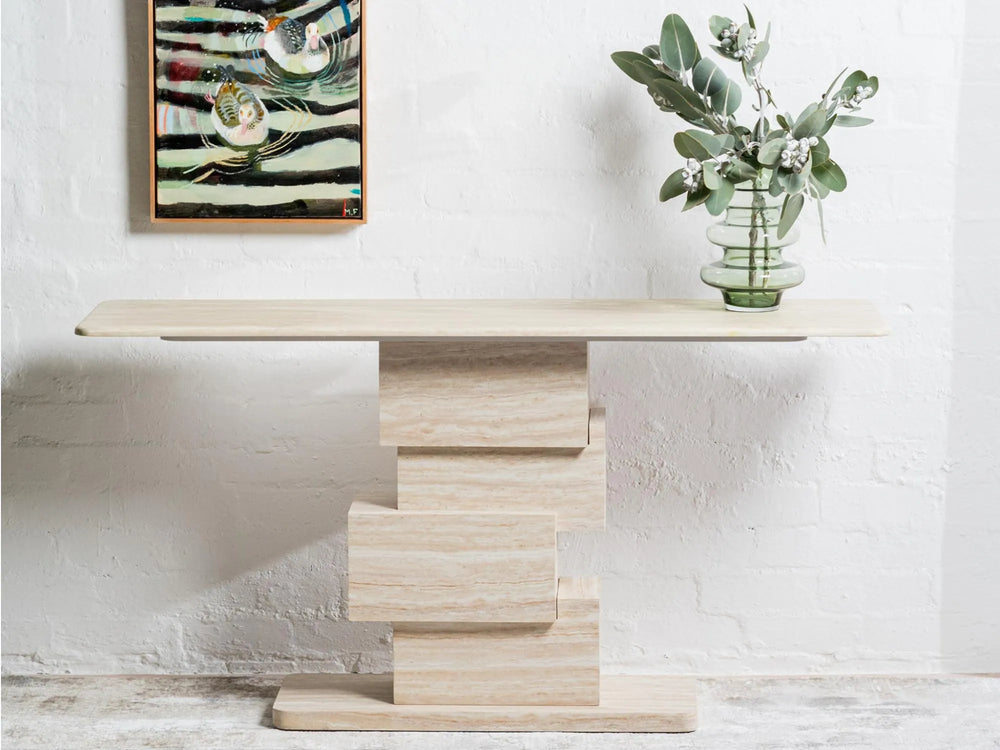 Eros 150cm White Travertine marble console table with geometric stacked-block base