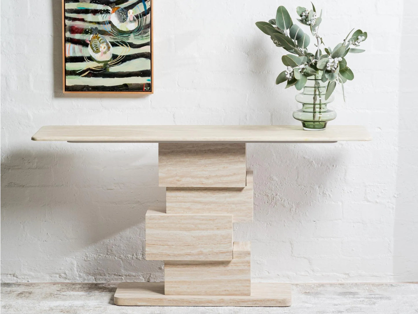 Eros 150cm White Travertine marble console table with geometric stacked-block base