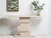 Eros 150cm White Travertine marble console table with geometric stacked-block base