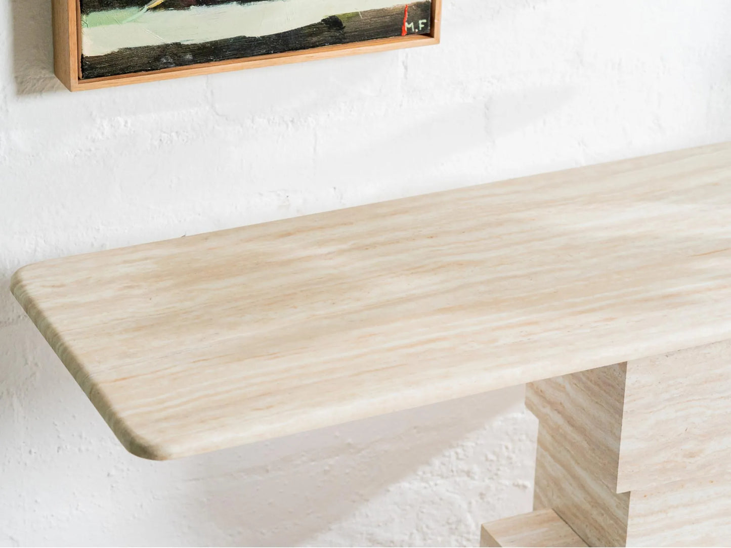 Eros 150cm White Travertine marble console table with geometric stacked-block base