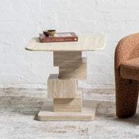 Eros 55cm White Travertine marble side table with geometric stacked-block base
