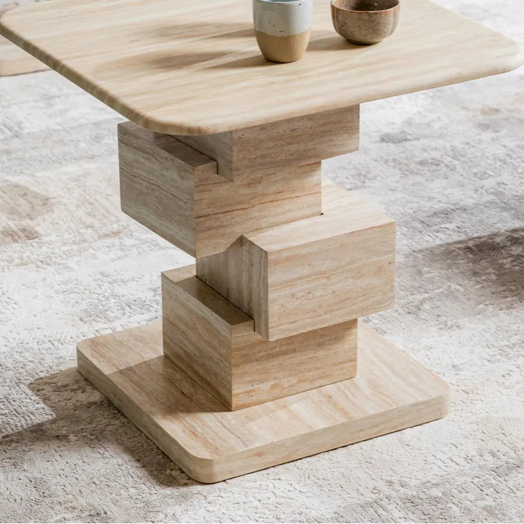 Eros 55cm White Travertine marble side table with geometric stacked-block base