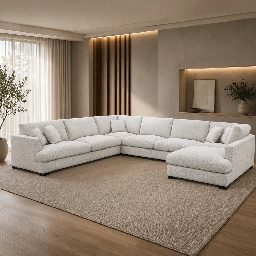 Faith 7 Seater Goose Feather Chaise Sofa in Pearl