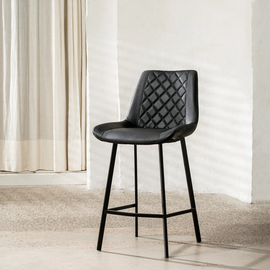 Flynn Diamond-Stitched Eco Leather Bar Stool in Black