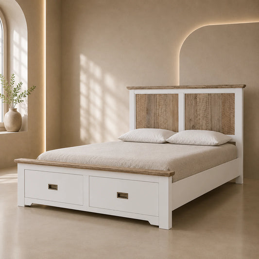 Folkestone White Acacia Storage Bed Frame with 2 Drawers - QUEEN