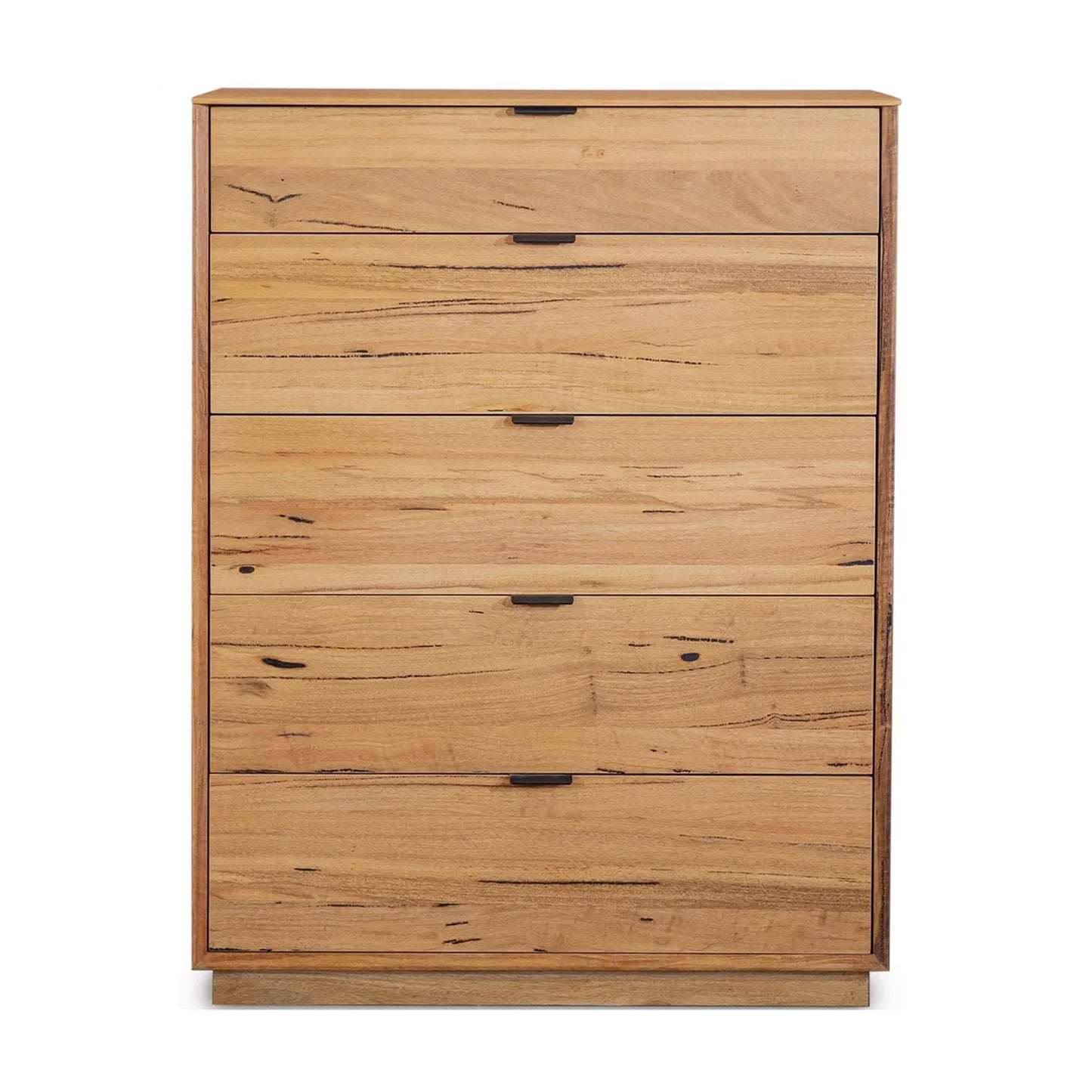 A five-drawer wooden chest of drawers with a natural oak finish and dark metal drawer pulls, shown against a plain white background.