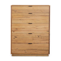 A five-drawer wooden chest of drawers with a natural oak finish and dark metal drawer pulls, shown against a plain white background.