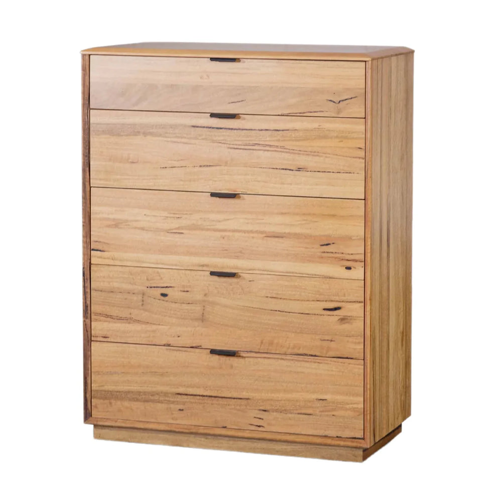 A tall wooden chest of drawers with five drawers, featuring a natural light oak wood finish with visible grain and dark metal pull handles, shown on a plain white background.