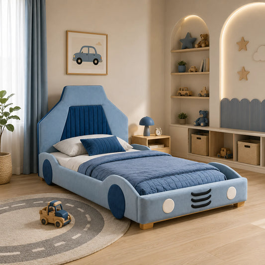 Hamilton Blue Velvet Kids Car Bed Frame - KING SINGLE