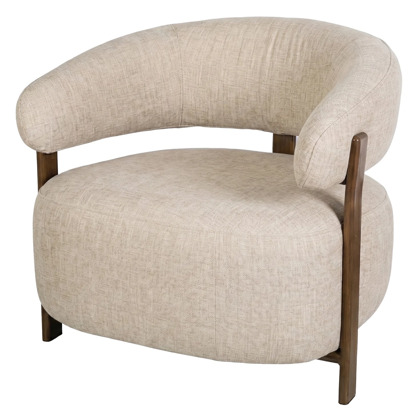 A modern curved armchair with a thick, cushioned beige textured fabric upholstery and dark brown wooden legs and arm supports, shown against a plain white background.