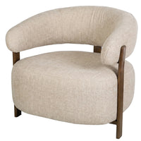 A modern curved armchair with a thick, cushioned beige textured fabric upholstery and dark brown wooden legs and arm supports, shown against a plain white background.