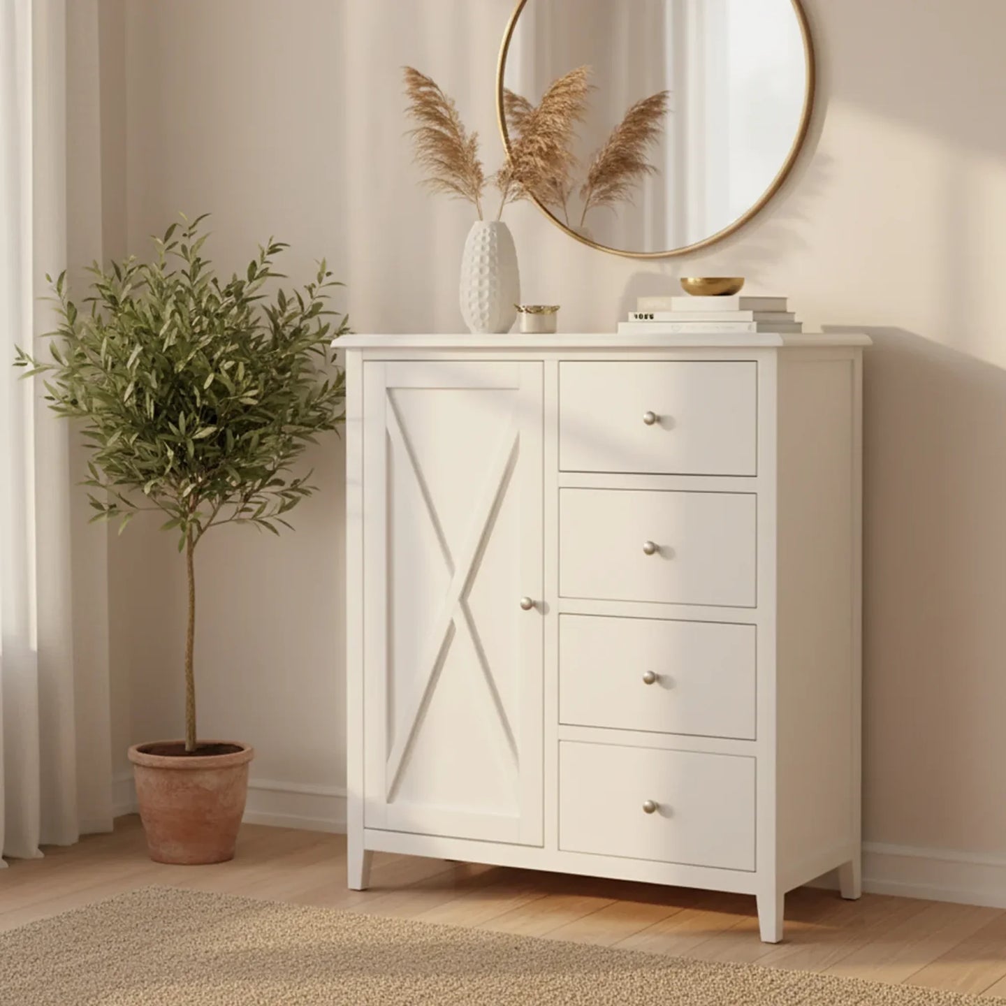 White dresser with decorative items in a room with a plant and mirror.