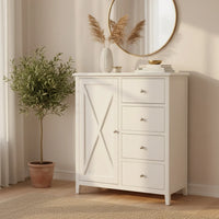 White dresser with decorative items in a room with a plant and mirror.