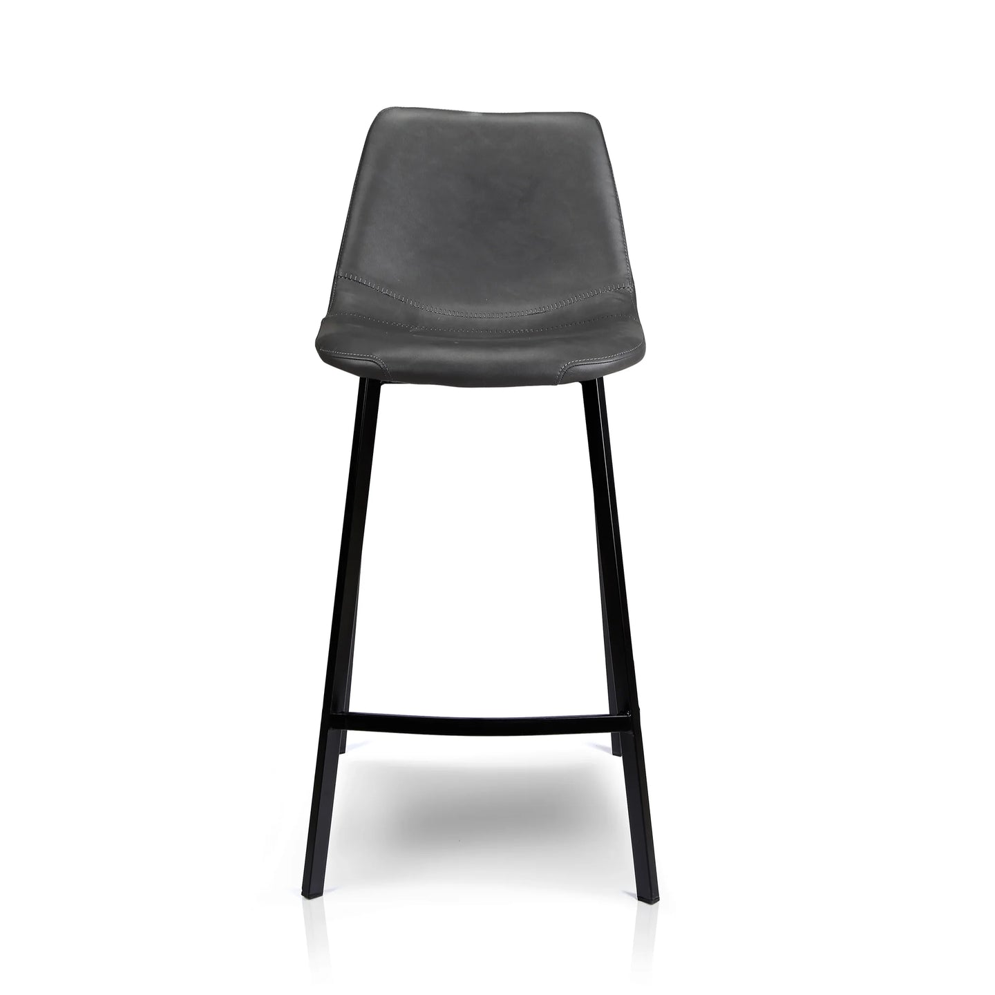 A modern bar stool with a dark gray upholstered seat and a black metal frame, shown against a plain white background.