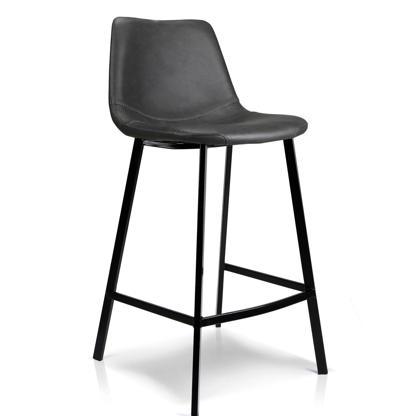 A modern counter stool with a black faux leather seat and a black metal frame with four legs, shown on a white background.