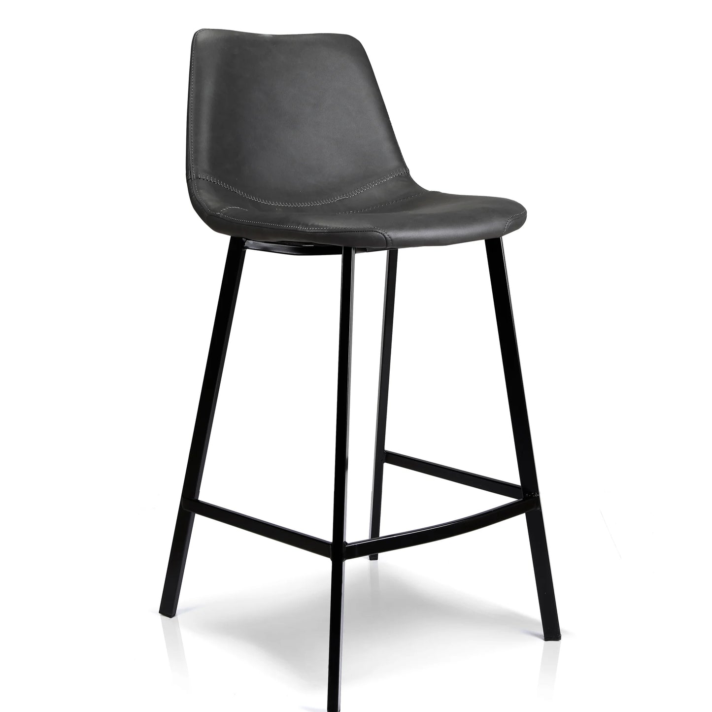 A modern counter stool with a black faux leather seat and a black metal frame with four legs, shown on a white background.