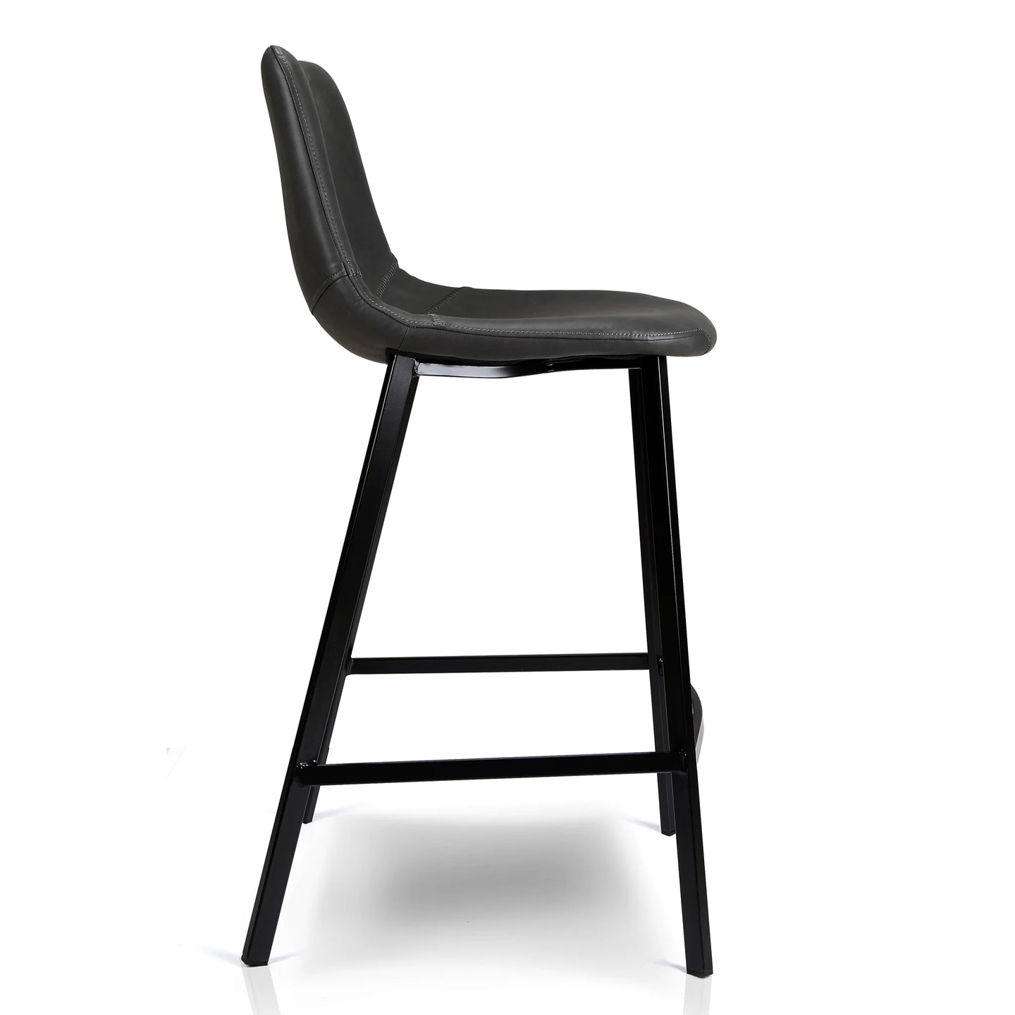 A modern counter stool with a black faux-leather upholstered seat and backrest, supported by a slim black metal frame with a footrest, shown from a side profile on a white background.