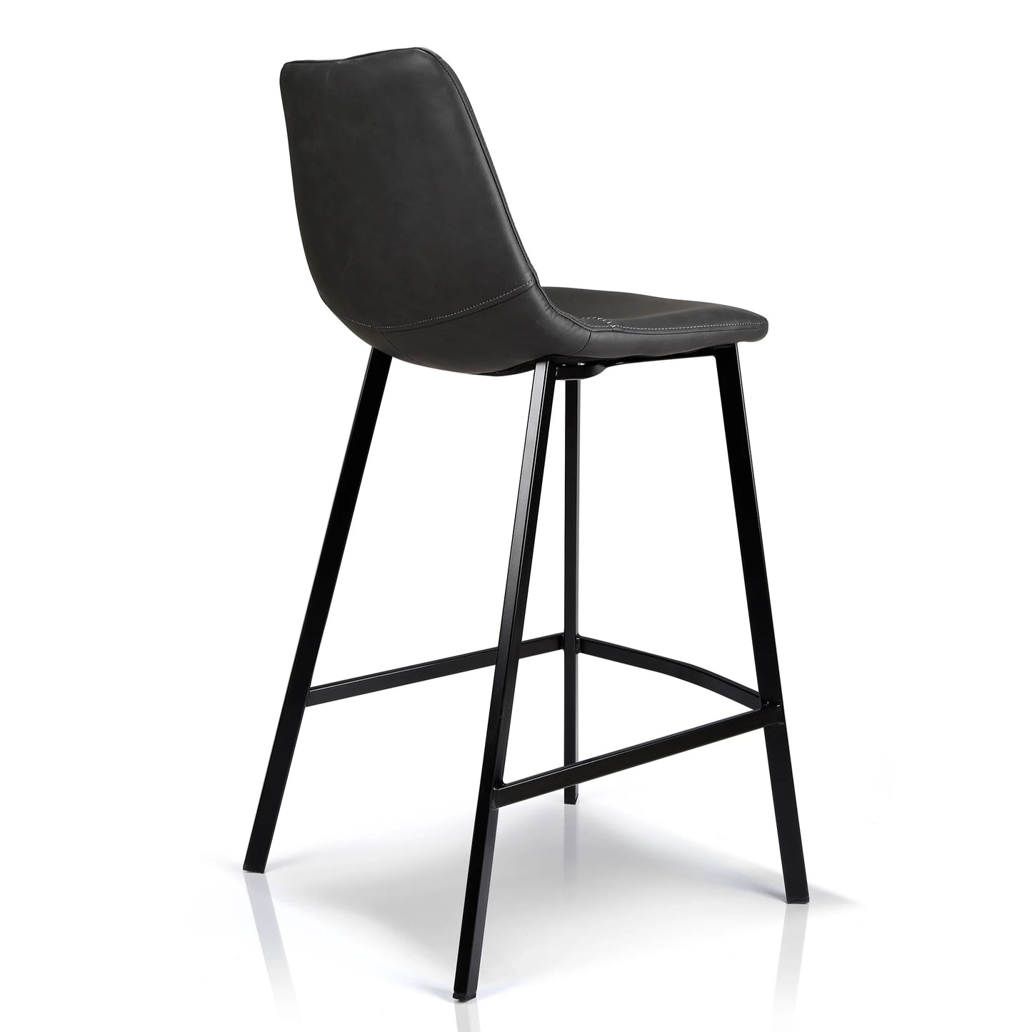 A modern counter stool with a black faux leather seat and a black metal frame, shown from a three-quarters angle on a white background.