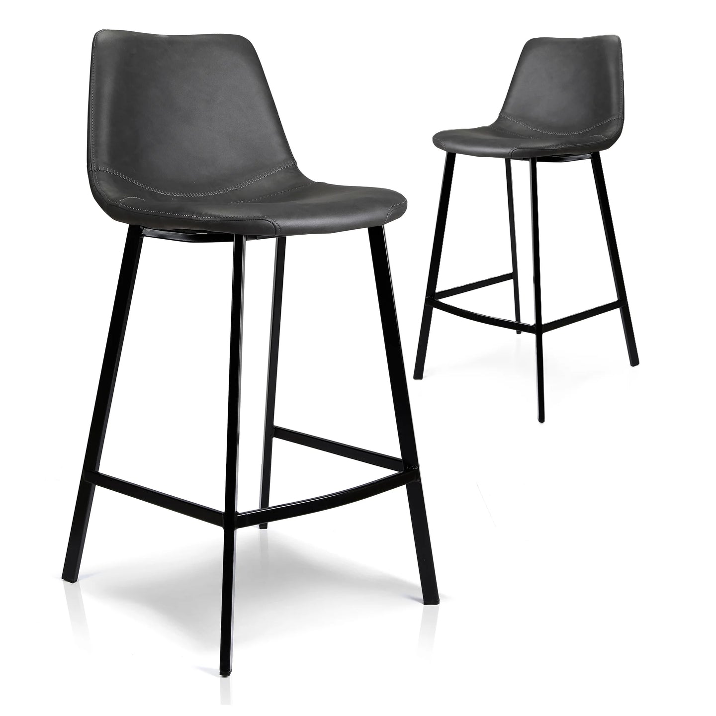 Two modern bar stools with black faux-leather seats and slim black metal legs, shown on a clean white background.