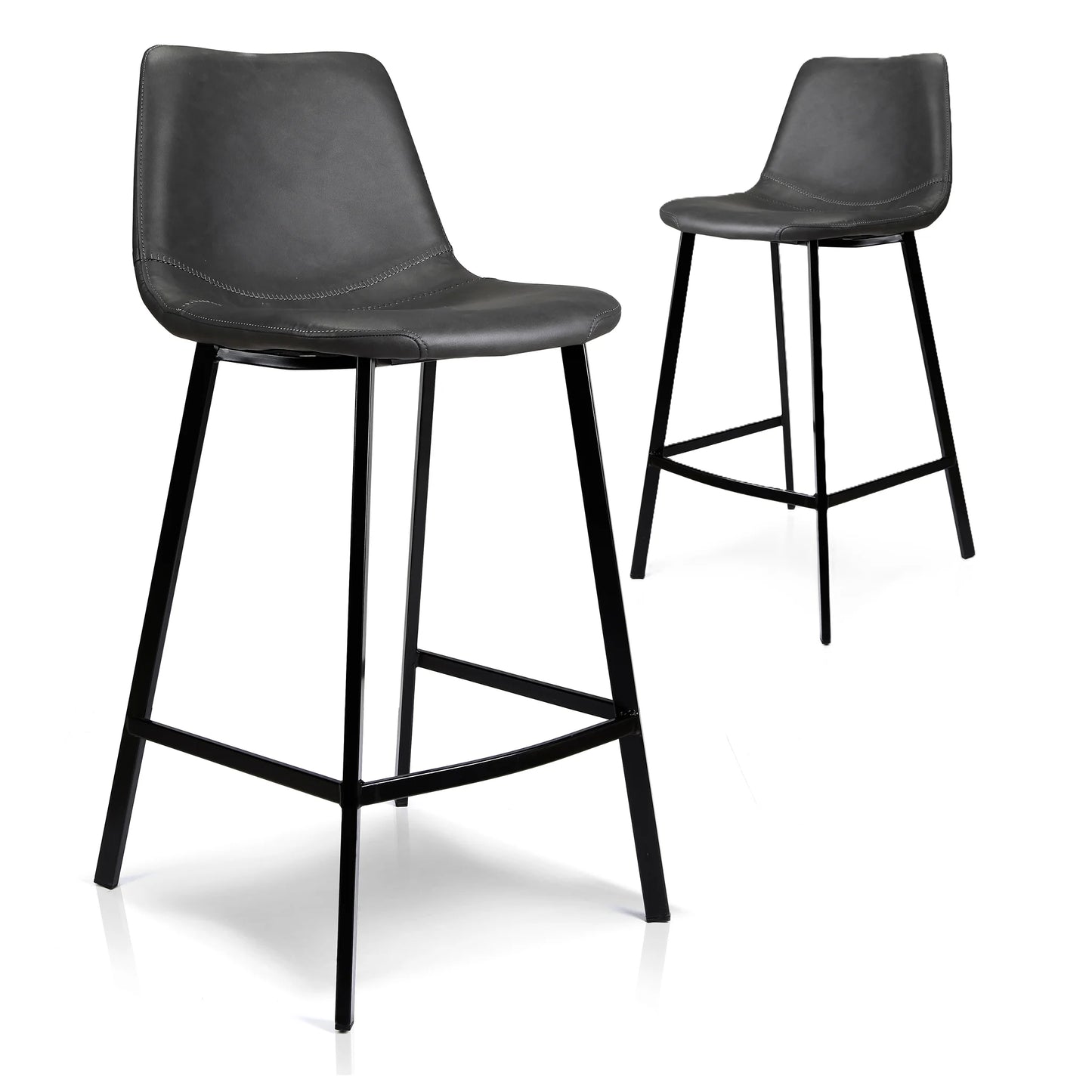 Two modern bar stools with black faux-leather seats and slim black metal legs, shown on a clean white background.