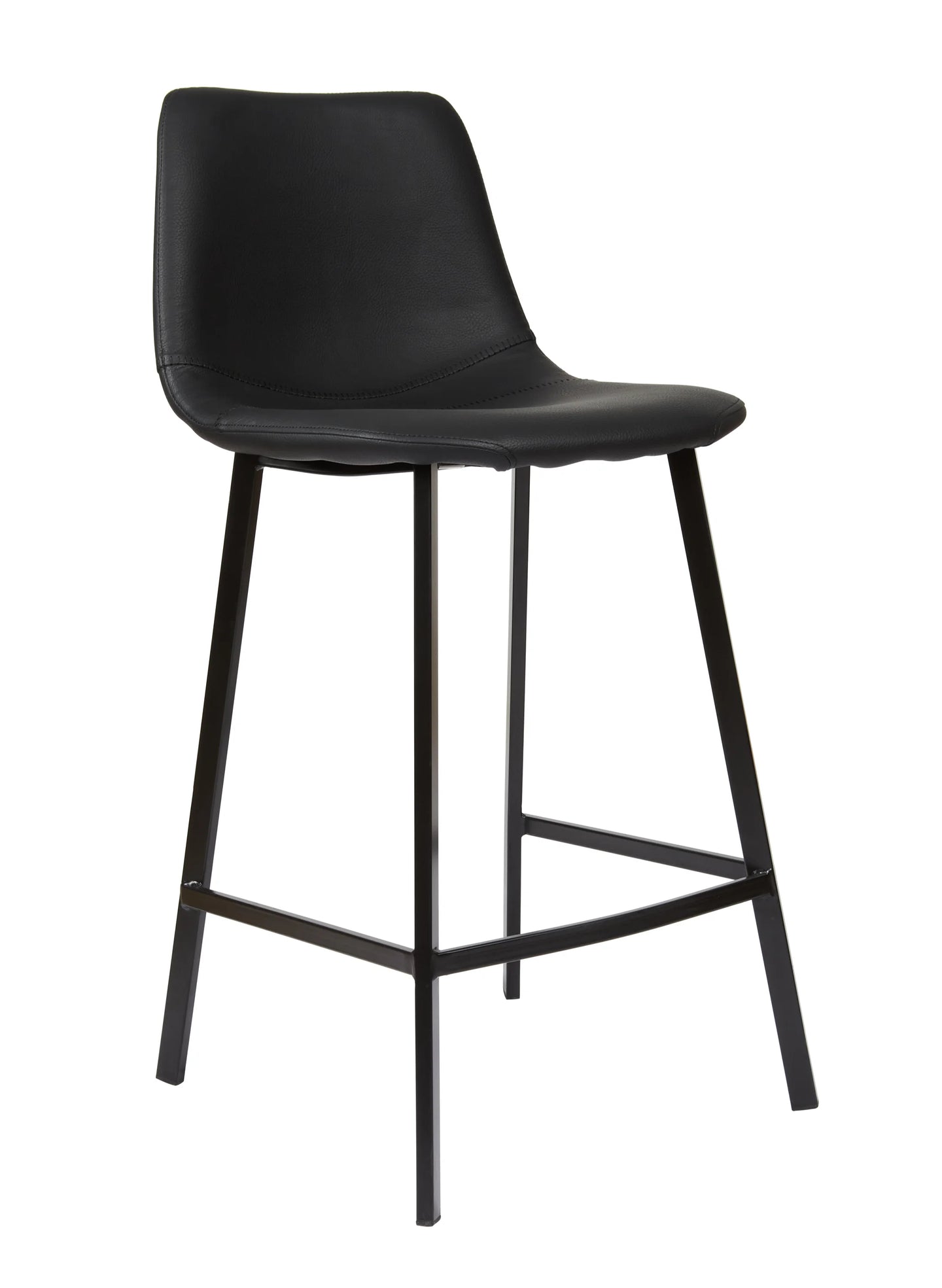 A modern black bar stool with a molded faux-leather seat and backrest, supported by four tapered metal legs with a footrest, shown against a plain white background.