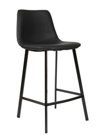 A modern black bar stool with a molded faux-leather seat and backrest, supported by four tapered metal legs with a footrest, shown against a plain white background.