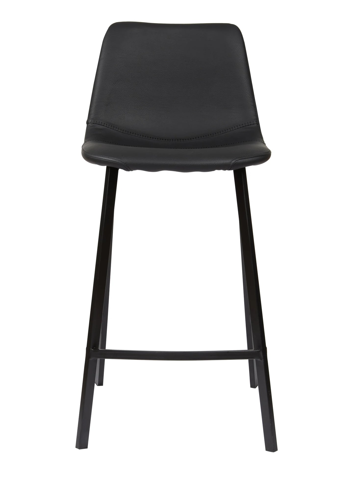 A modern black bar stool with a molded faux-leather seat and four tapered metal legs, shown against a plain white background.