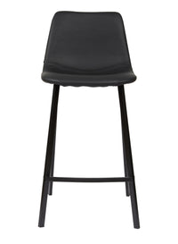 A modern black bar stool with a molded faux-leather seat and four tapered metal legs, shown against a plain white background.
