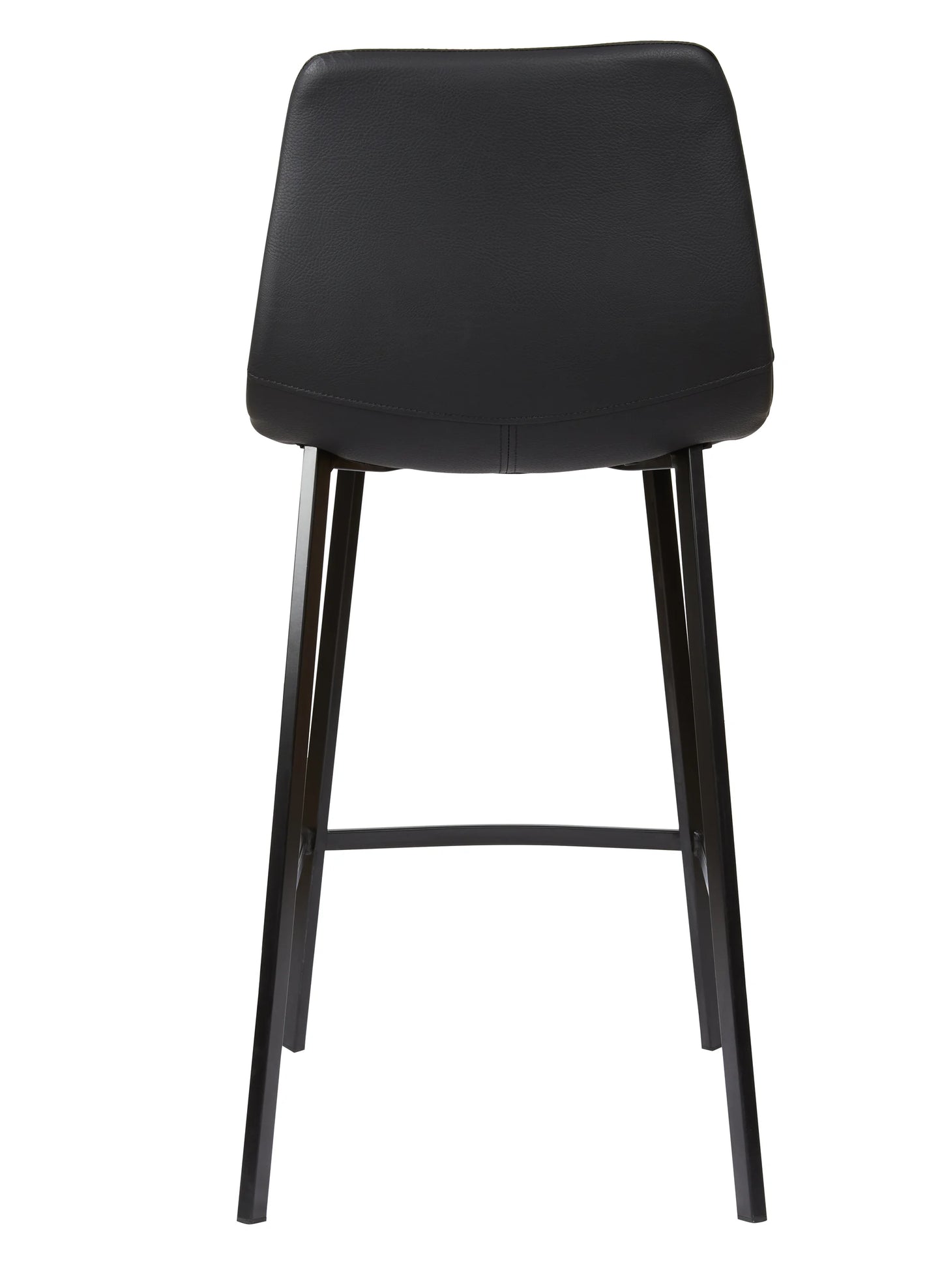 A modern black bar stool with a padded upholstered seat and four slim metal legs, shown against a plain white background.